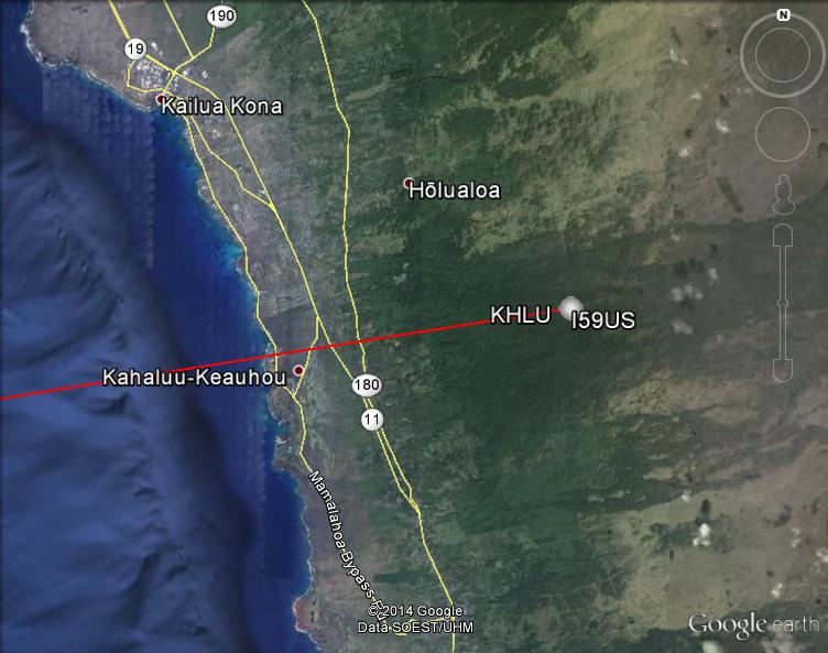 Figure 14: The calculated back azimuth of the signal plotted in GoogleEarth. Note that the calculated line passes directly over Kahalu’u. 